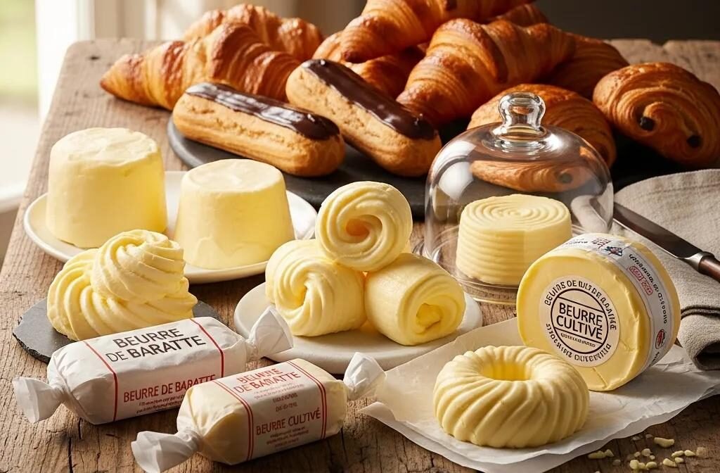 Variety of French butter types with fresh pastries highlighting their rich flavors