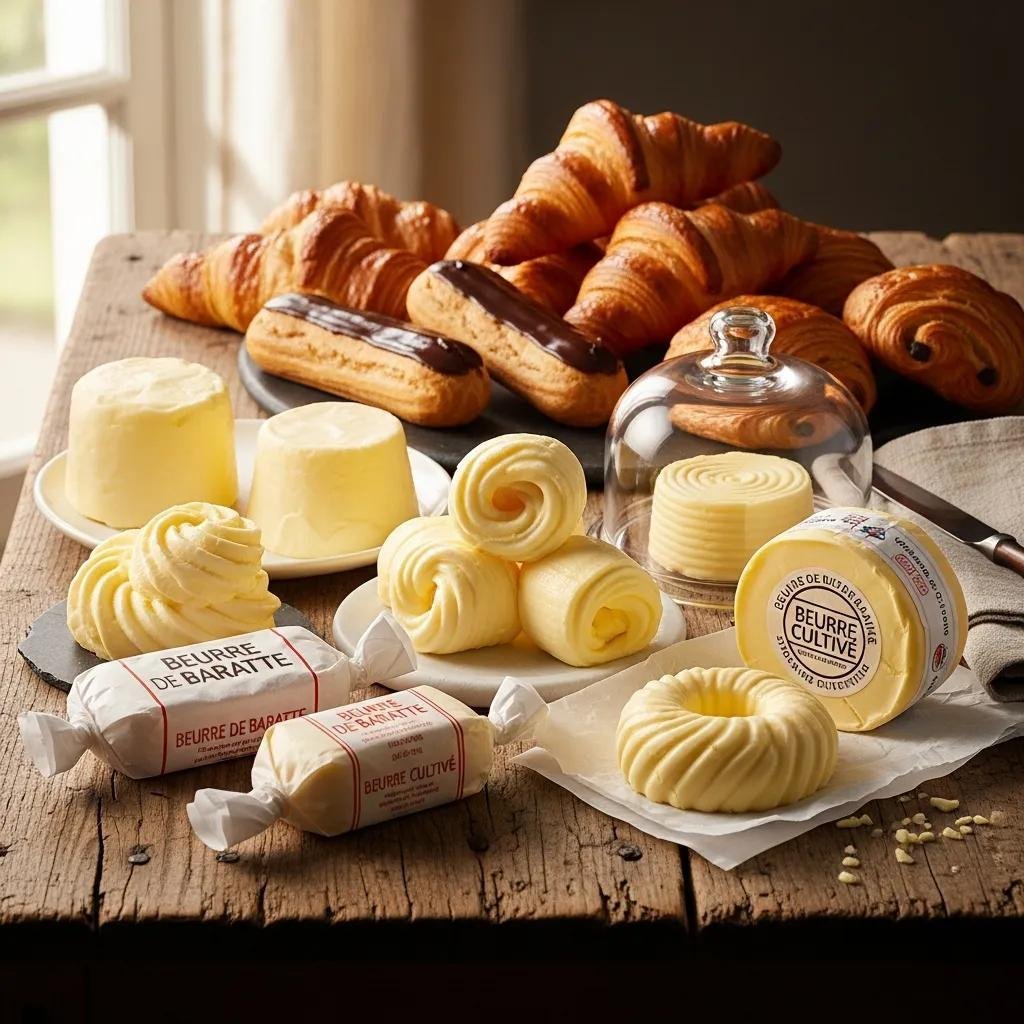 Variety of French butter types with fresh pastries highlighting their rich flavors