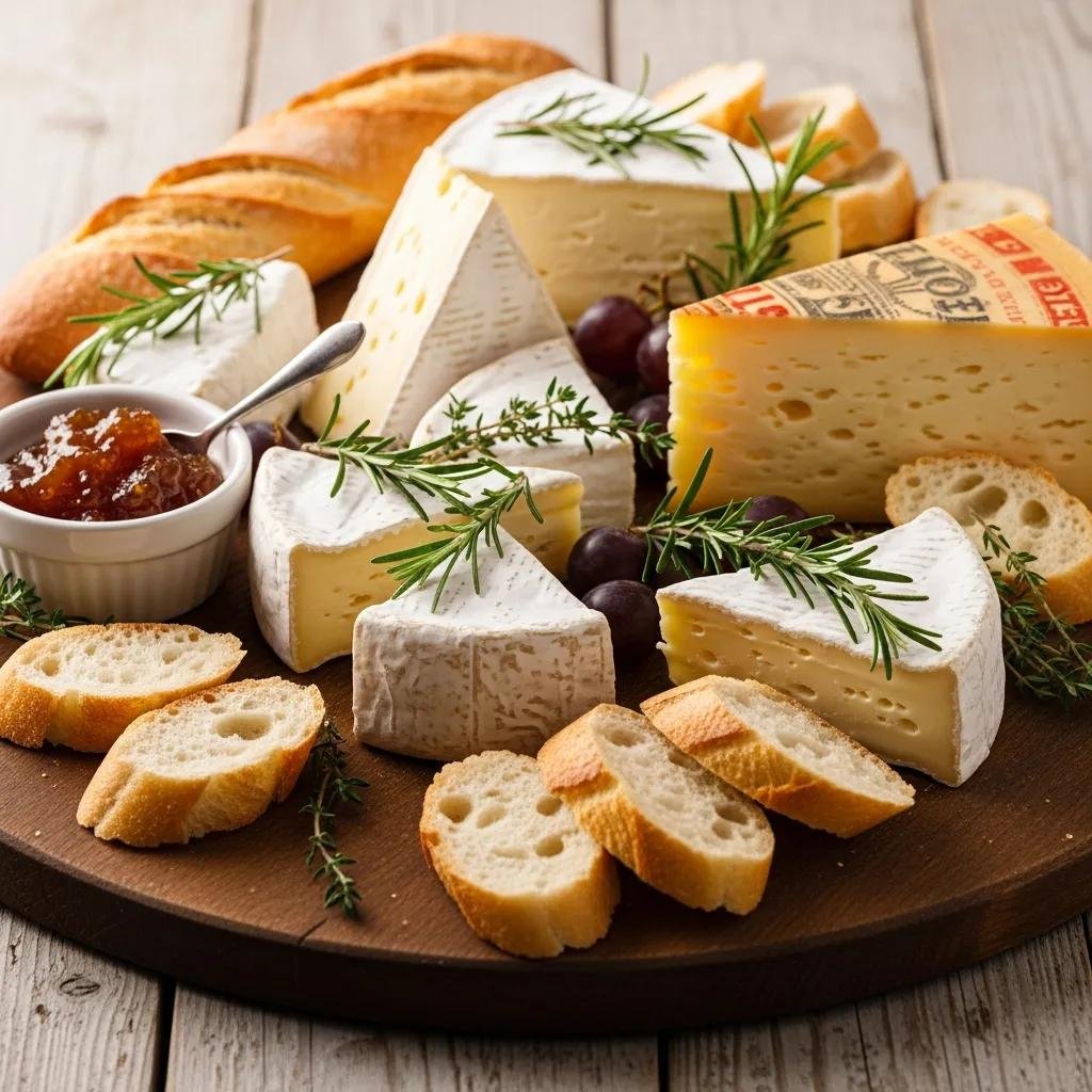 Variety of French cheeses including Brie, Camembert, and Comté on a wooden board with baguette slices