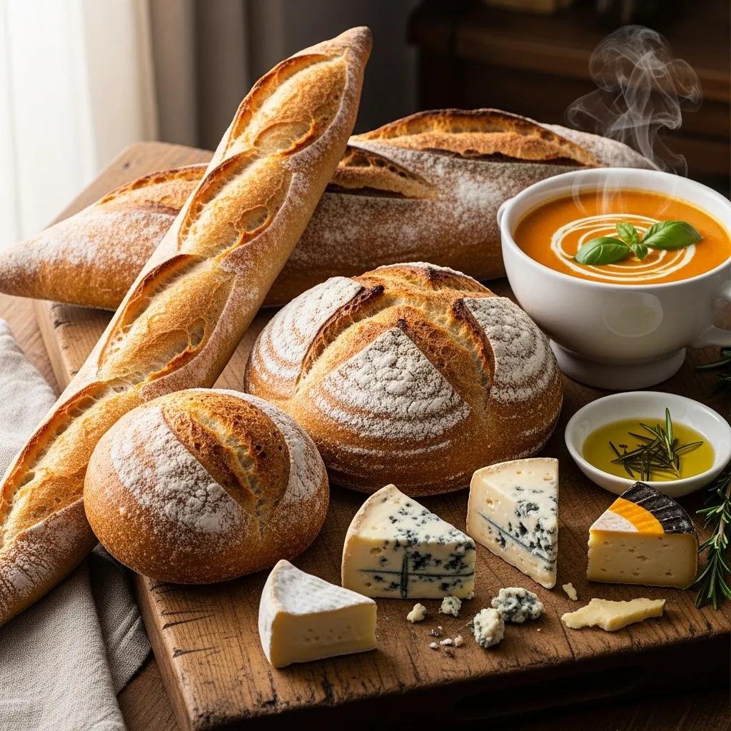 Variety of French sourdough breads including baguette and Pain de Campagne with cheeses and soup