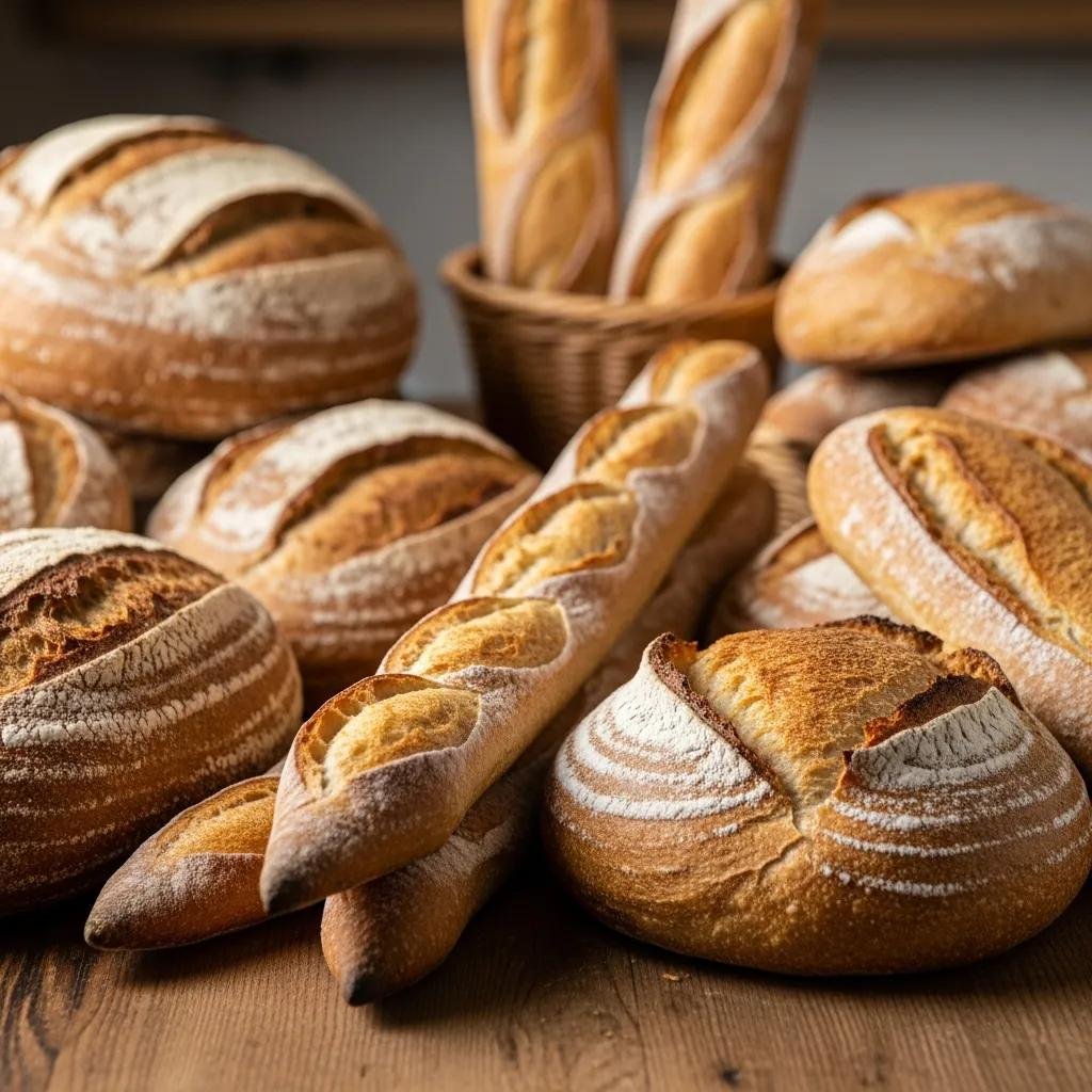 Variety of freshly baked French breads including baguettes and sourdough on a rustic table