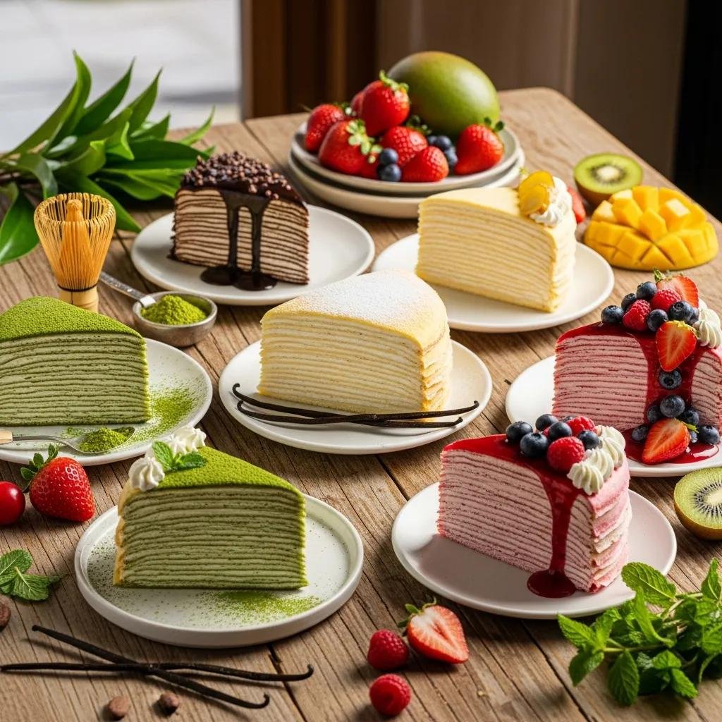 Variety of Mille Crepe Cake flavors displayed, including classic vanilla and matcha, showcasing their colorful layers and fresh ingredients