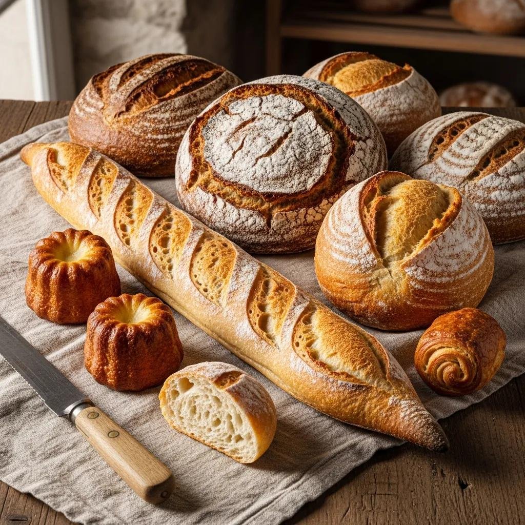 Variety of traditional French breads including baguette, pain de campagne, and pain au levain