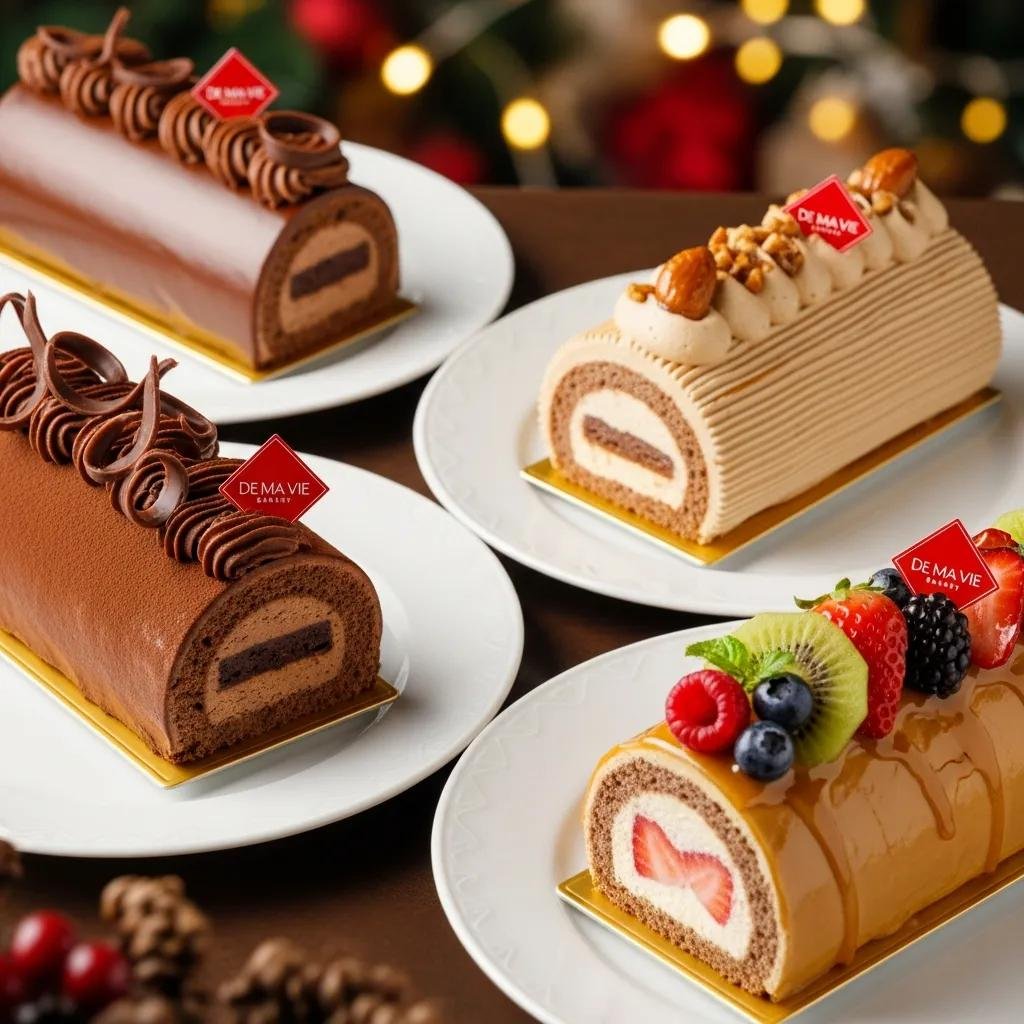 Variety of unique Bûche de Noël flavors from De Ma Vie Bakery, showcasing creativity and festive spirit