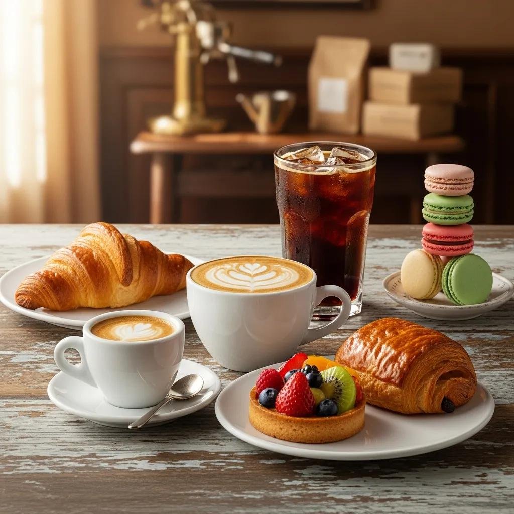 Various coffee types paired with French pastries, illustrating the complementary flavors at De Ma Vie Bakery