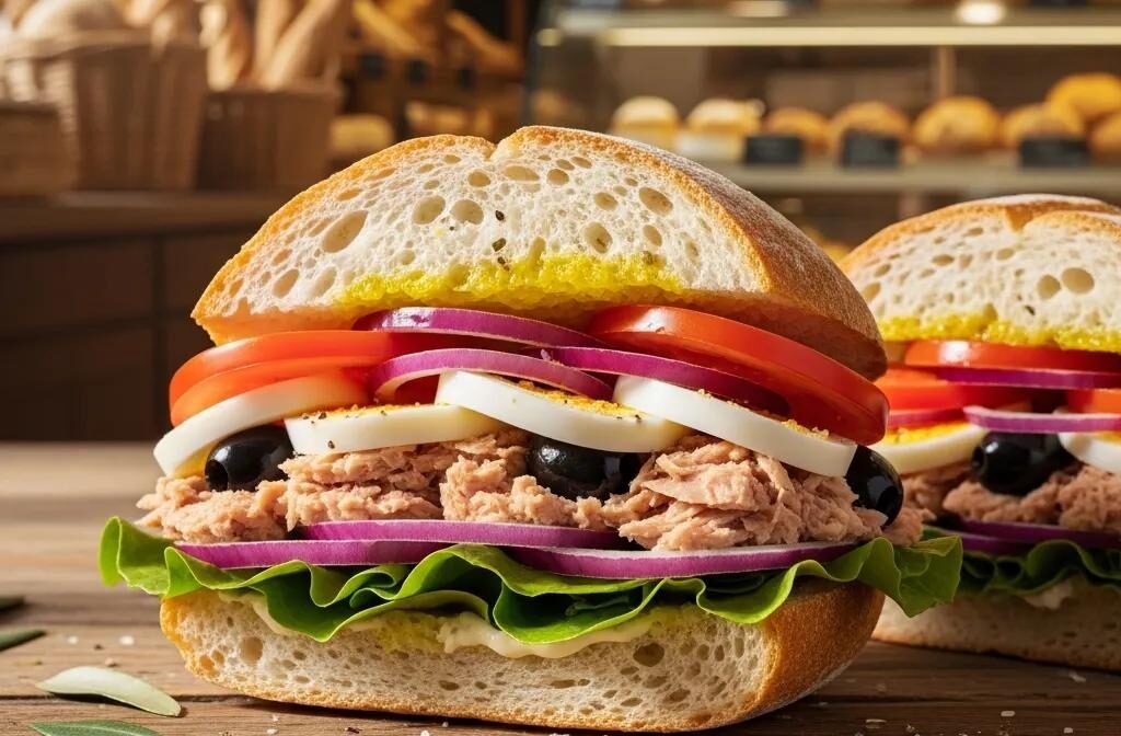 Vibrant Pan Bagnat sandwich with fresh ingredients in a French bakery setting