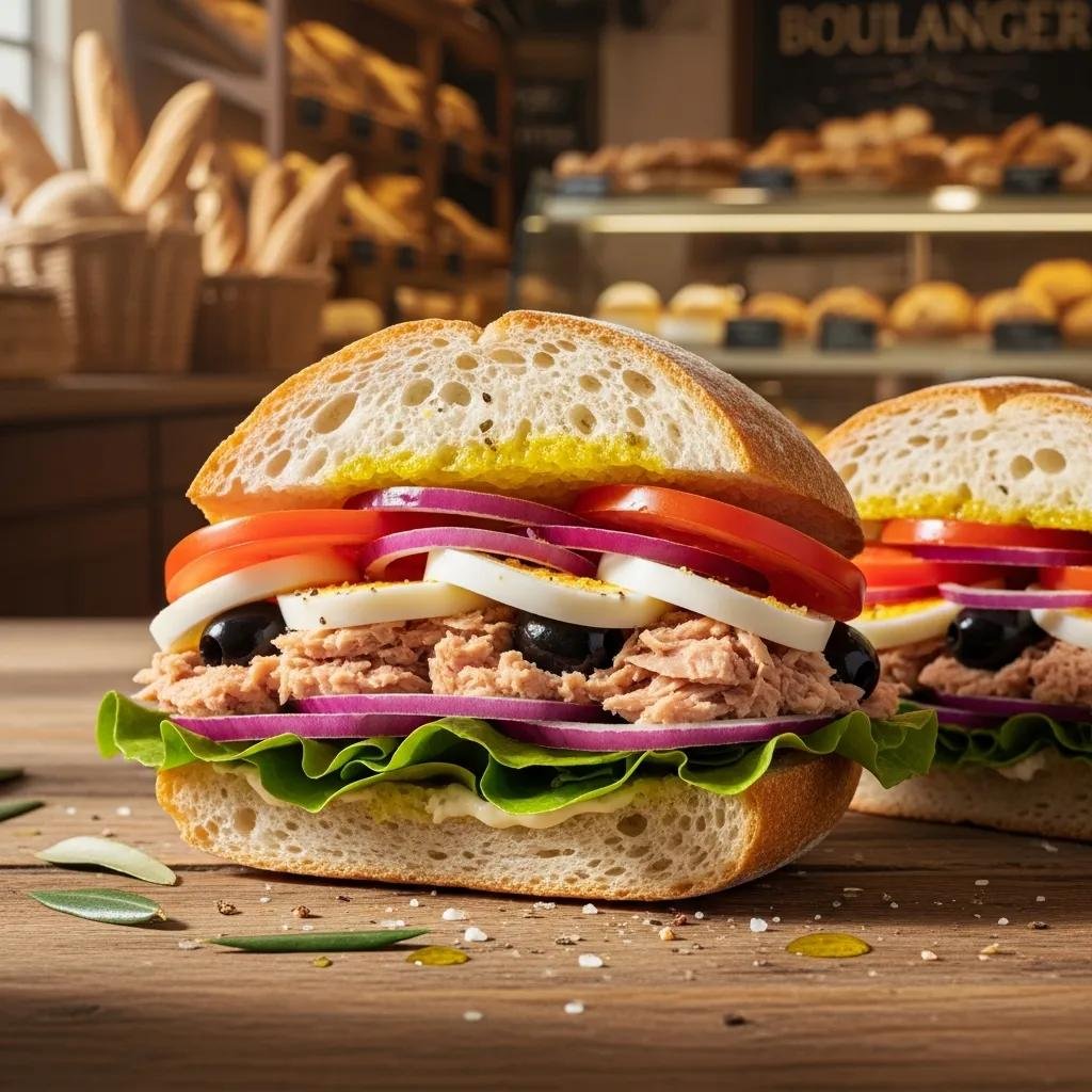 Vibrant Pan Bagnat sandwich with fresh ingredients in a French bakery setting