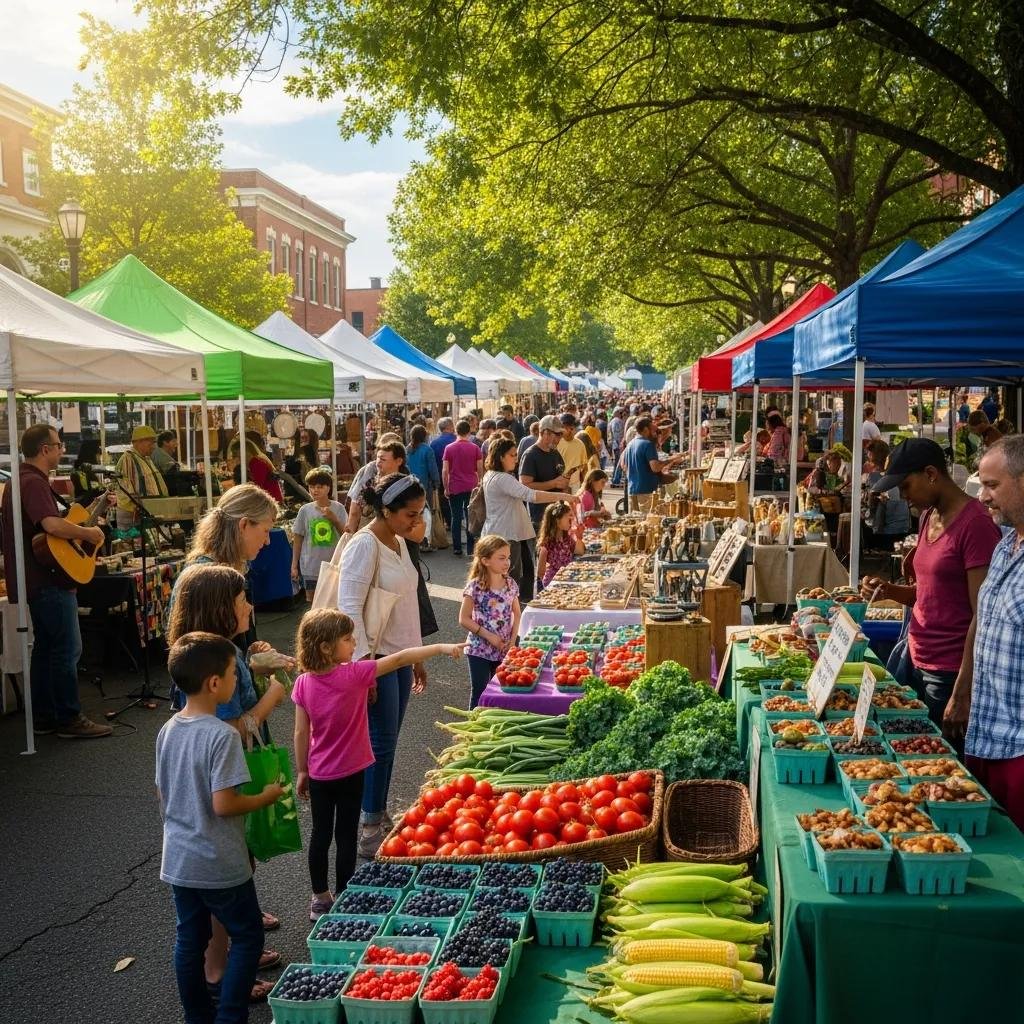 Vibrant scene at the Falls Church Farmers Market, showcasing local vendors and community engagement