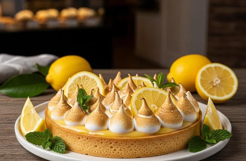 Zesty Lemon Meringue Tart with vibrant lemon curd and fluffy meringue in a cozy bakery setting