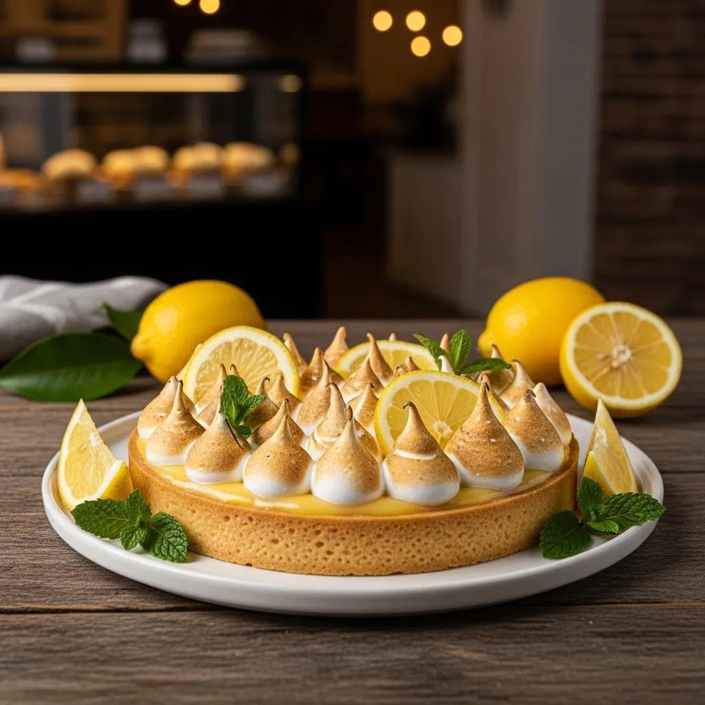 Zesty Lemon Meringue Tart with vibrant lemon curd and fluffy meringue in a cozy bakery setting